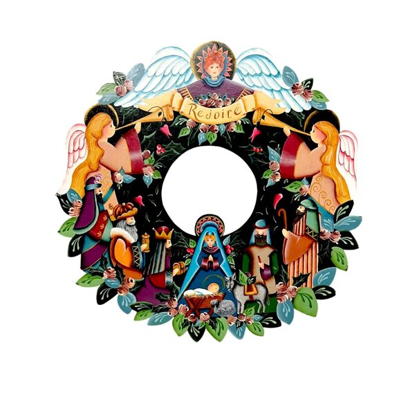 Hand-Painted Christmas Nativity‎ Scene Wooden Folk Art Wreath Wall Art - Picture 2 of 7